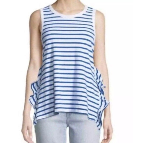 Current/Elliott Tops - $120 Current Elliott Tank Top Side Slit Ruffle Striped Blue/Wht Size 0 *Note